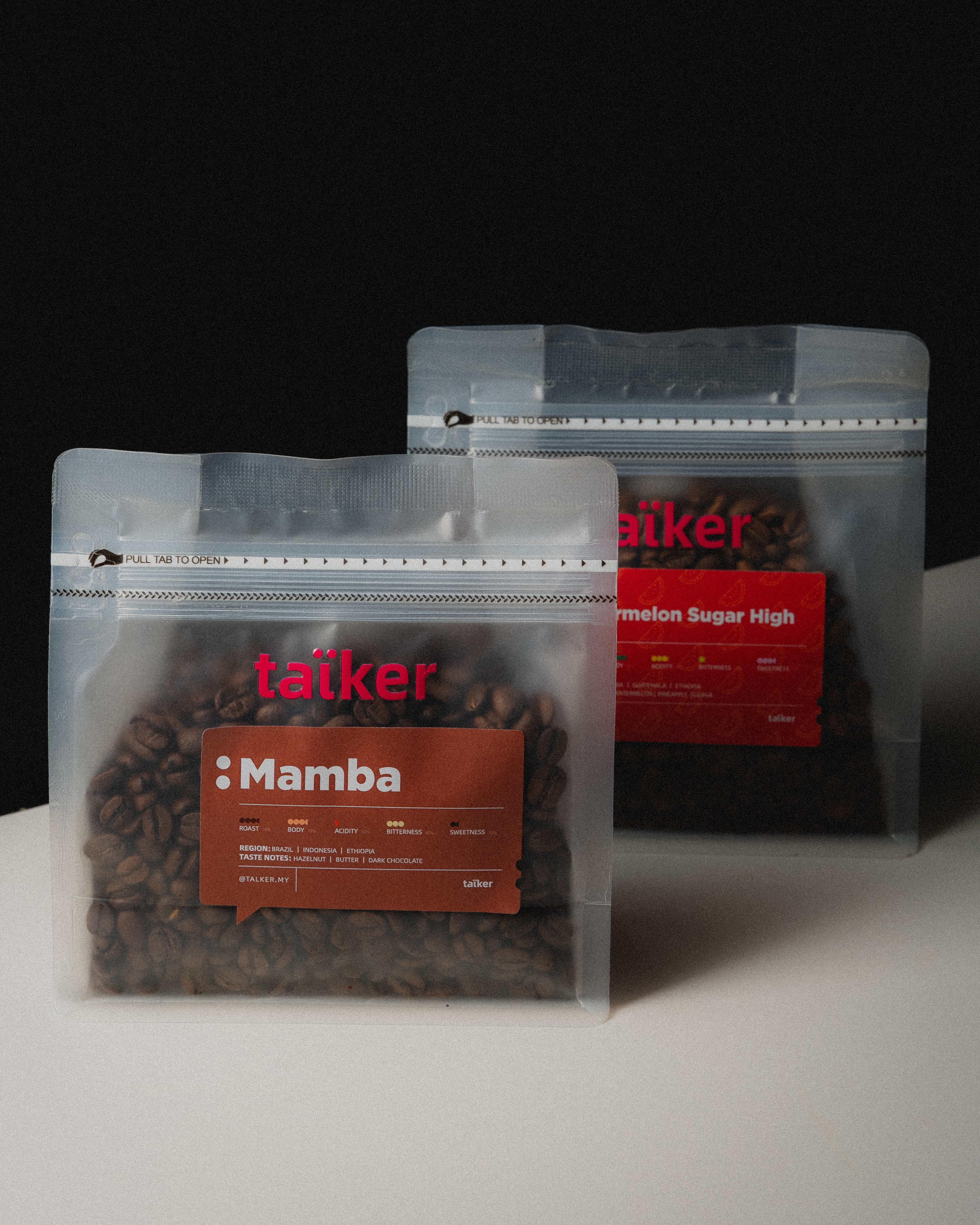 taïker whole bean coffee bags — Watermelon Sugar High and Mamba