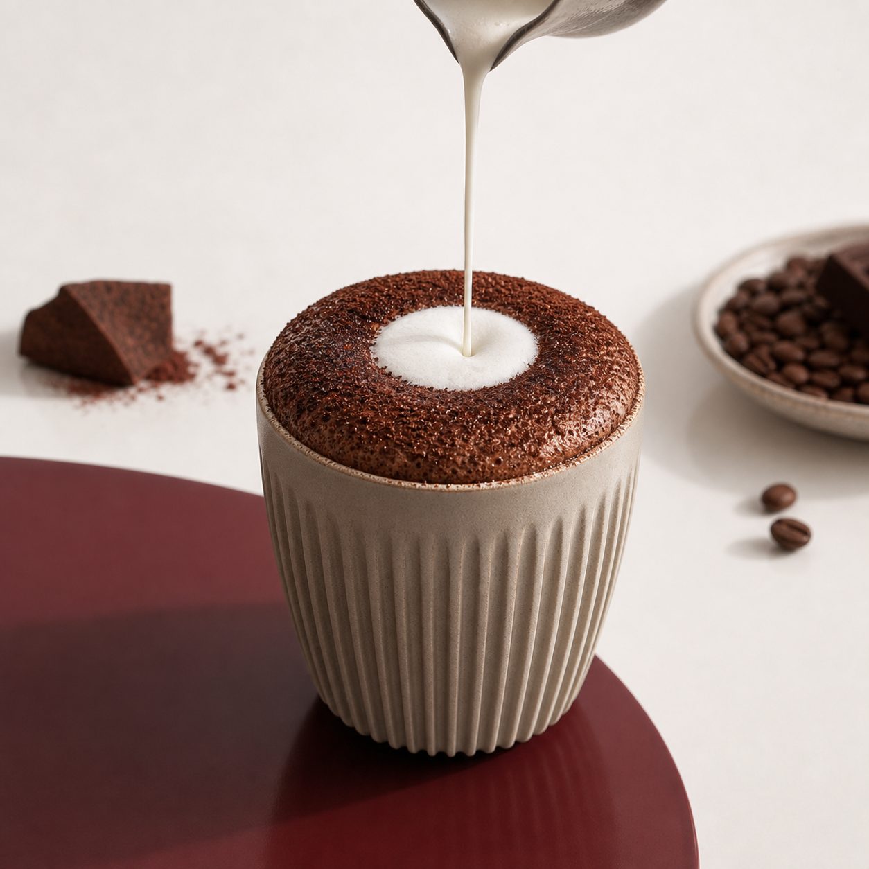 A cocoa-dusted donut foam coffee with milk pouring into the white centre.
